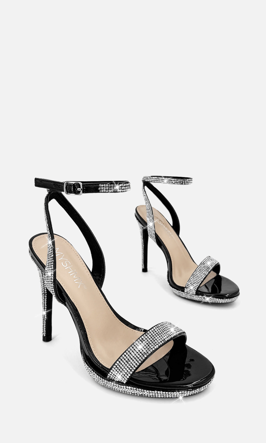 MONROE ZAPATILLAS NEGRAS DE CHAROL CON TACÓN DELGADO DE AGUJA 11 CM Y BRILLOS EN STRAP ARRIBA DE LOS DEDOS CON PLATAFORMA DE 1 CM