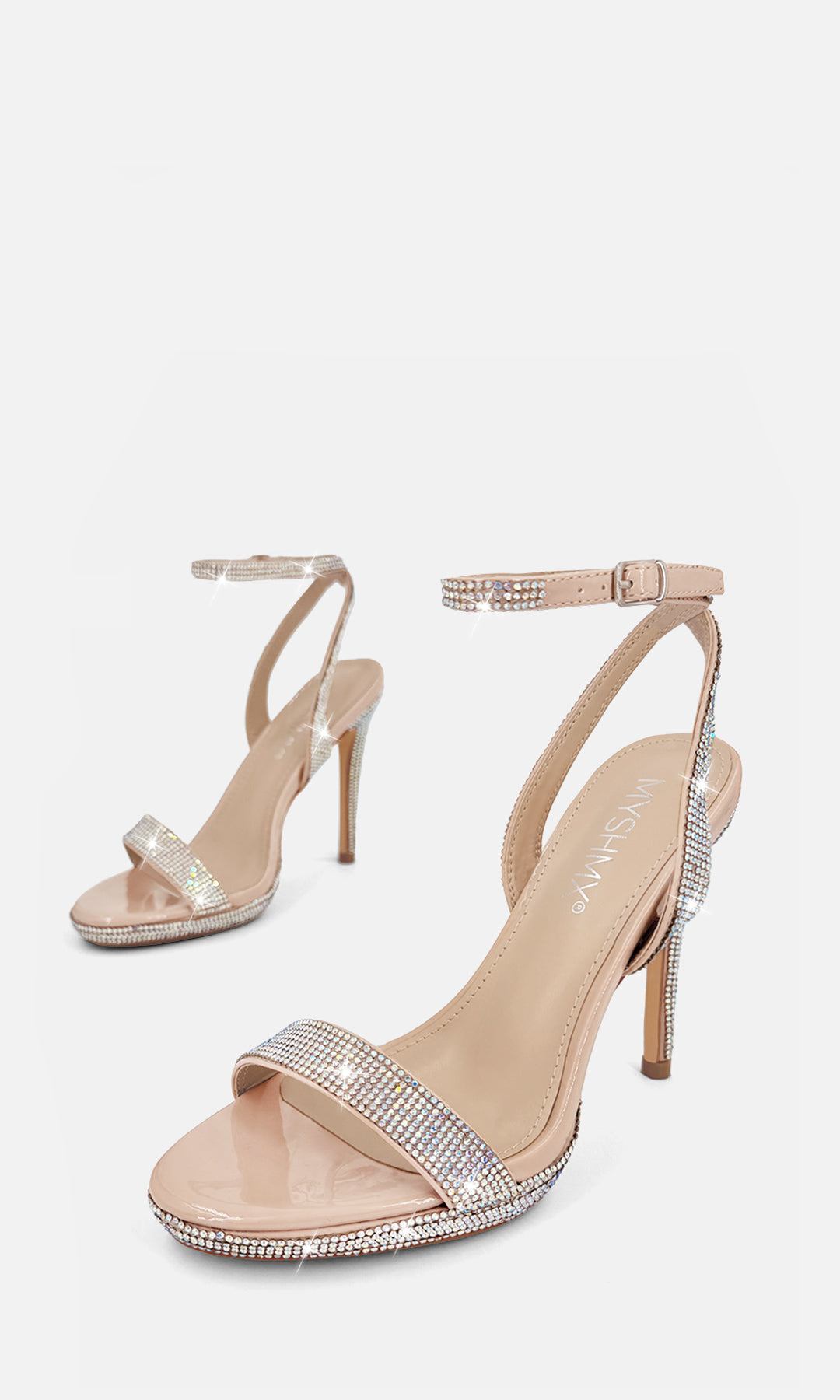 MONROE ZAPATILLAS NUDE CONFECCIONADAS EN CHAROL CON BRILLOS EN STRAP DELGADO ARRIBA DE LOS DEDOS Y TACÓN ALTO DE AGUJA CON TALÓN DESCUBIERTO 