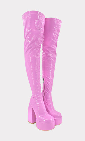 MOTOMAMI BOTAS DE MATERIAL BRILLOSO ELASTICO COLOR ROSA Y CIERRE AL TONO CON PLATAFORMA SEMI CUADRADA 