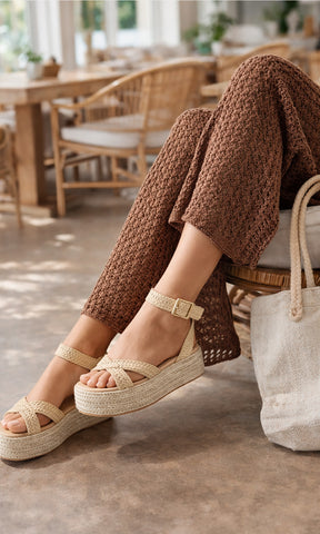 NATALIA MODELO POSA SANDALIAS NUDE DE YUTE CON PANTALÓN CAFÉ TEJIDO EN CROCHET Y TOP BLANCO CON BOLSO DE MANO