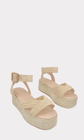 NATALIA SANDALIAS ABIERTAS DE PUNTA CUADRADA COLOR NUDE CON YUTE EN SUELA GRUESA DE 5 CM Y HEBILLA DORADA EN PULSERA TOBILLERA AJUSTABLE PARA DAMA