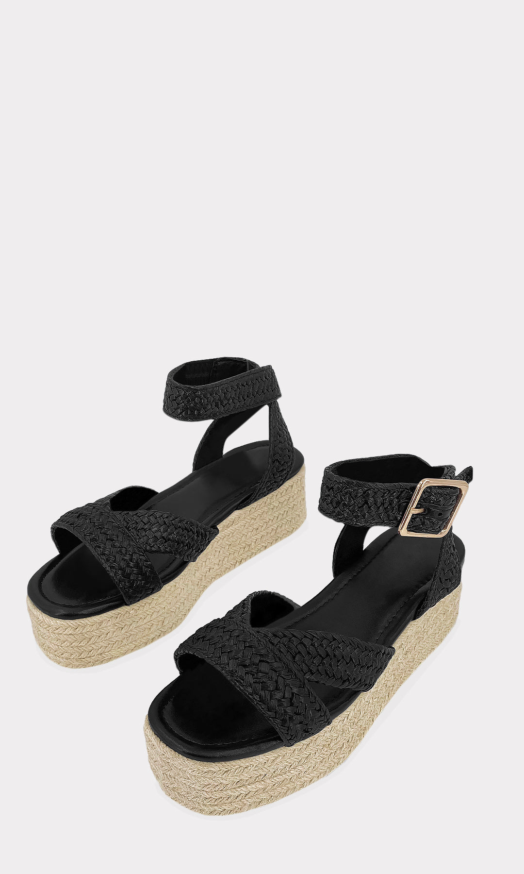 NATALIA SANDALIAS NEGRAS CONFECCIONADAS EN YUTE SINTETICO CON HEBILLA DORADA EN ANKLE STRAP Y PLATAFORMA PLANA DE 5 CM PARA MUJER