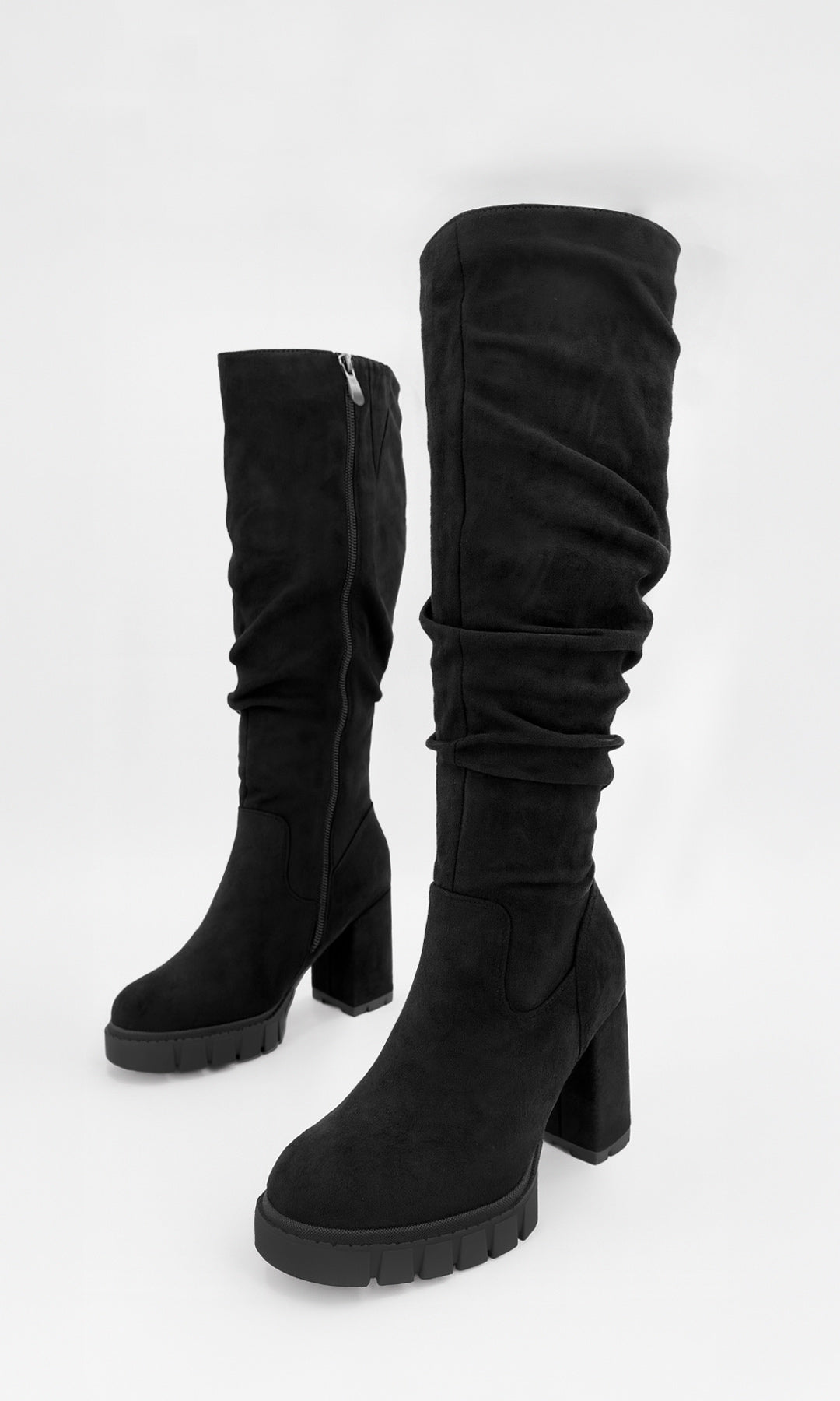 NOXVILL BOTA NEGRA ABAJO DE LA RODILLA EN GAMUZA CON TACÓN GRUESO 9 CM PLATAFORMA 2.5 CM PERFECTA PARA COMPLEMENTAR LOOKS DIARIOS SOFISTICADOS 