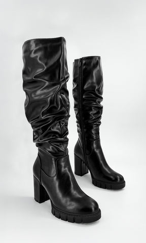 NOXVILL BOTA NEGRA DE TACÓN CUADRADO PARA MUJER ALTURA 9 CM CON PLATAFORMA 2.5 CM ACABADO EN VINIPIEL IDEAL PARA MODA URBANA LOOKS CASUALES Y CHIC
