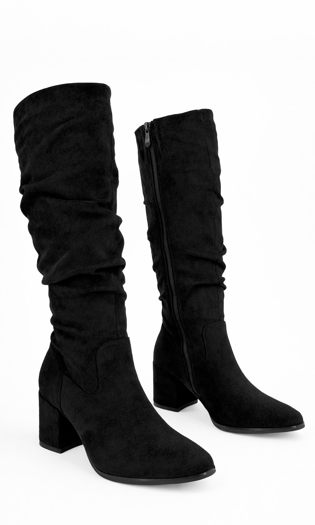 NURI BOTA ALTA DEBAJO DE LA RODILLA CON ACABADO EN GAMUZA CON DISEÑO SLOUCHY TACÓN ANCHO 6.5 CM AJUSTE CÓMODO PARA MUJER Y USO DIARIO