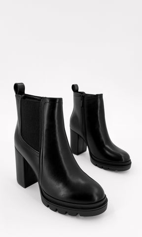 ORIANA BOTÍN NEGRO DE VINIPIEL ESTILO CHELSEA CON TACÓN ALTO 10 CM Y PLATAFORMA 2.5 CM SUELA TRACK PARA MUJER