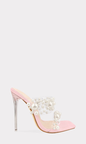 PEARL SANDALIAS TIPO MULA CON TACON FINO DE 11 CM Y DETALLES DE PERLAS DE DIFERENTES TAMAÑOS