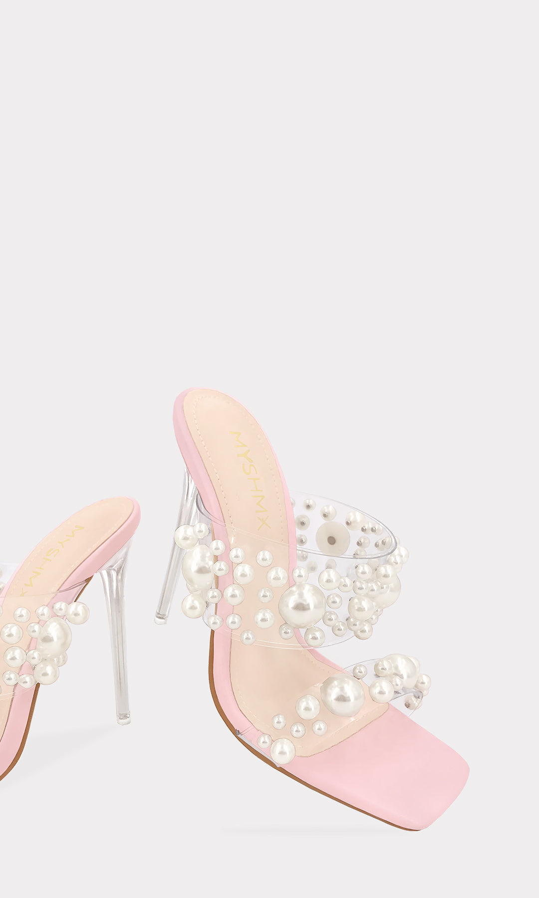 PEARL ZAPATILLAS ROSA PASTEL DE METER CON TACON DE AGUJA TRANSPARENTE Y PUNTA CUADRADA 