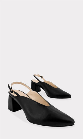 PEONY ZAPATILLAS NEGRAS DE CUERO SINTETICO CON PUNTA CERRADA POINTY Y ESCOTE ALTO CON HEBILLA EN CINTA TALONERA DE TACON KITTEN PARA MUJER