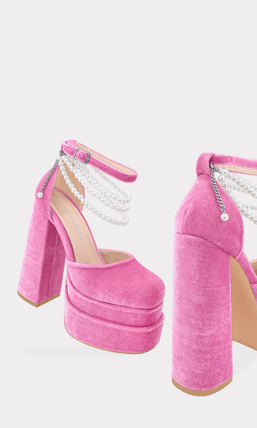 PLEASURE ZAPATOS CERRADOS DE TERCIOPELO ROSA TIPO BRATZ CON DETALLE DE PERLAS Y DOBLE PLATAFORMA CON TACON ALTO 