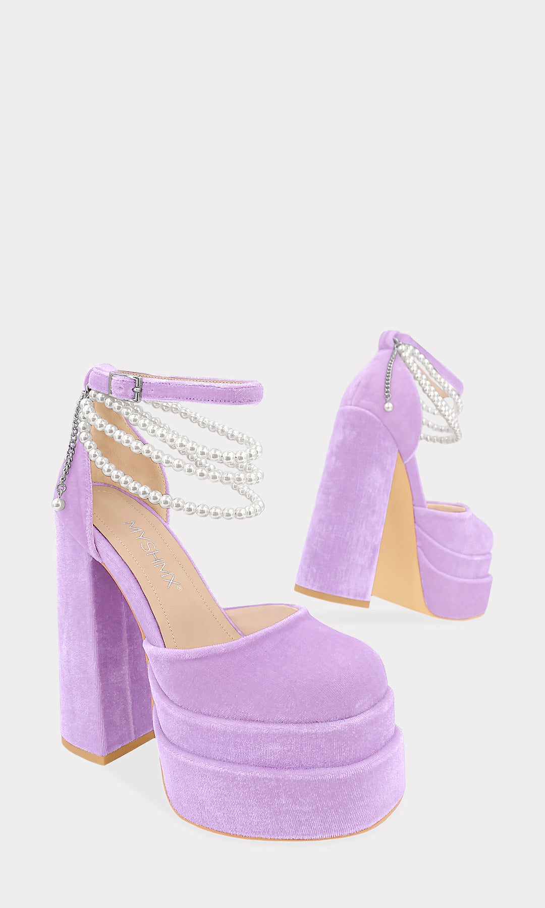 PLEASURE ZAPATOS MORADO LILA DE HEBILLA CUADRADA EN PULSERA TOBILLERA AJUSTABLE Y DETALLE DESMONTABLE DE PERLAS 