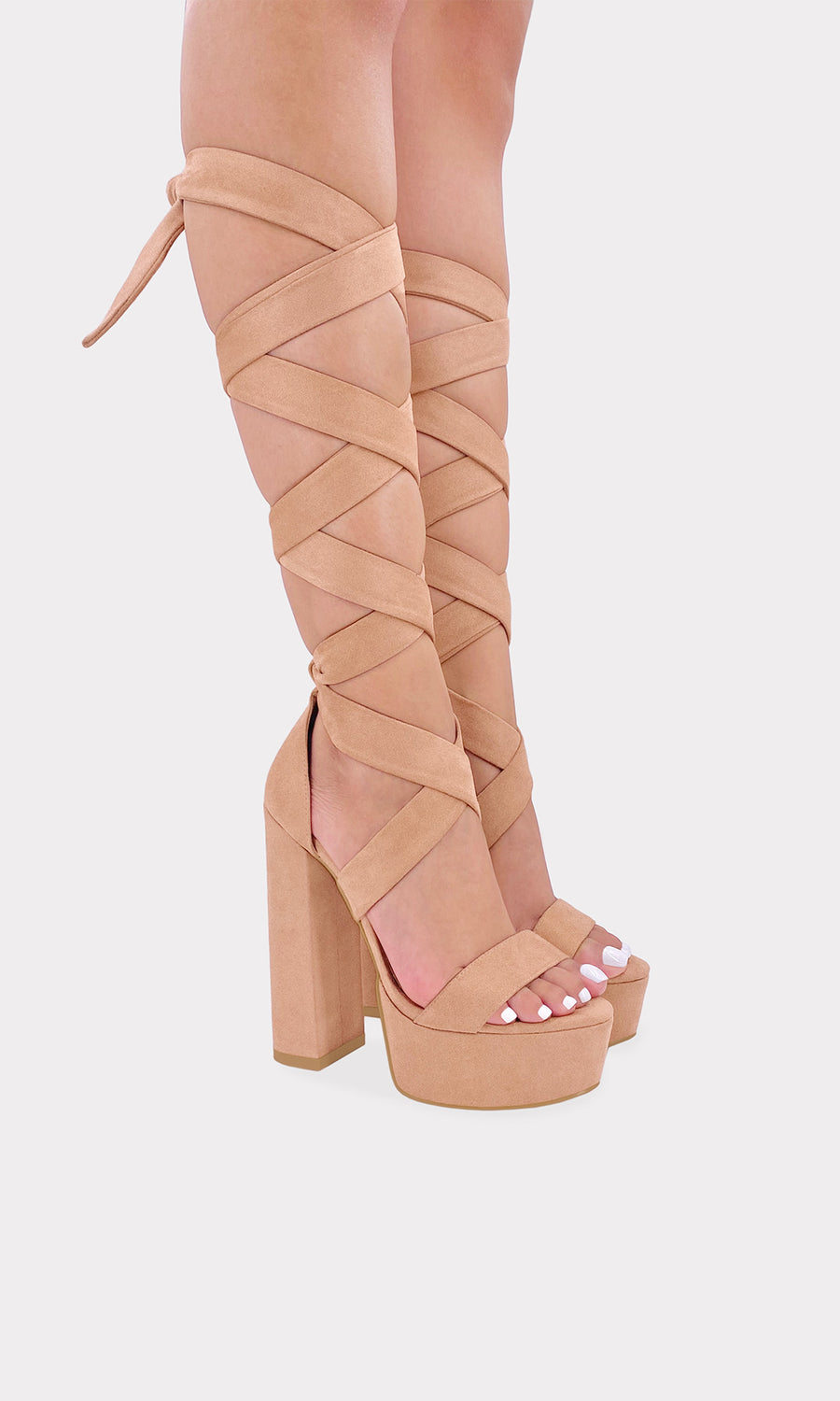 PRETTY PLATAFORMAS DE GAMUZA NUDE CON LACE UP Y TACON GRUESO PARA USAR CON MINI FALDAS EN REUINIONES CASUALES 