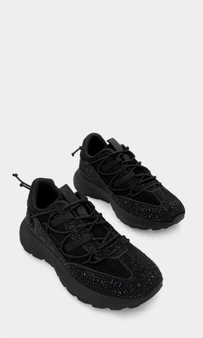 PRIME TENIS NEGROS PARA MUJER ESTILO RETRO CUBIERTOS DE BRILLOS DEL MISMO TONO Y AGUJETAS AJUSTABLES AL FRENTE CON CORDONES A LOS COSTADOS 