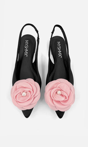PROMISE FLATS CERRADOS PUNTIAGUDOS DE TALON DESCUBIERTO CON DISEÑO DE METER Y FLOR 3D AL FRENTE PARA USAR CON LOOKS CASUALES