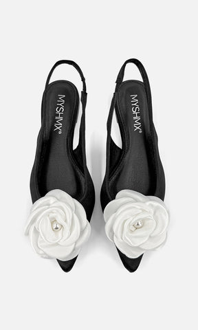 PROMISE ZAPATOS COMODOS DE TACON BAJO PARA SEÑORA CON CINTA EN TALON Y DETALLE DE FLOR 3D EN PUNTA CERRADA TERMINACION POINTY 