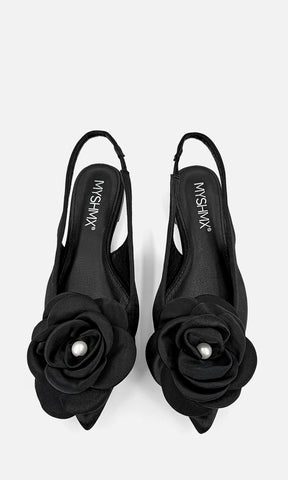 PROMISE ZAPATOS PLANOS DE TERMINACION PUNTIAGUDA CON DISEÑO SLINGBACK Y DETALLE DE FLOR 3D AL FRENTE CON TACON BAJO 
