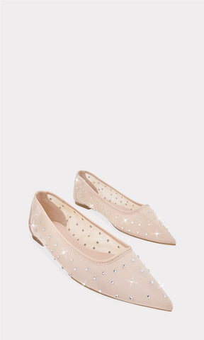 RENATTA BAILARINAS DE MODA COLOR NUDE TRANSPARENTES CON MESH Y BRILLOS ALREDEDOR PARA MUJER DE TERMINACION PUNTIAGUDA
