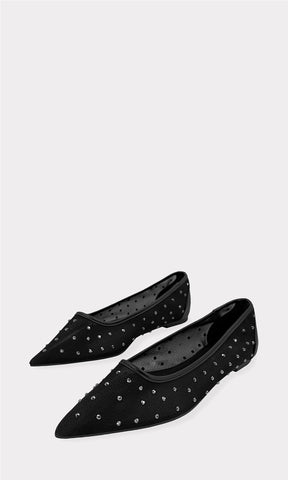 RENATTA ZAPATOS BAILARINAS NEGROS TRANSPARENTES DE MESH CON TERMINACION PUNTIAGUDA Y BRILLOS ALREDEDOR PARA CHICA
