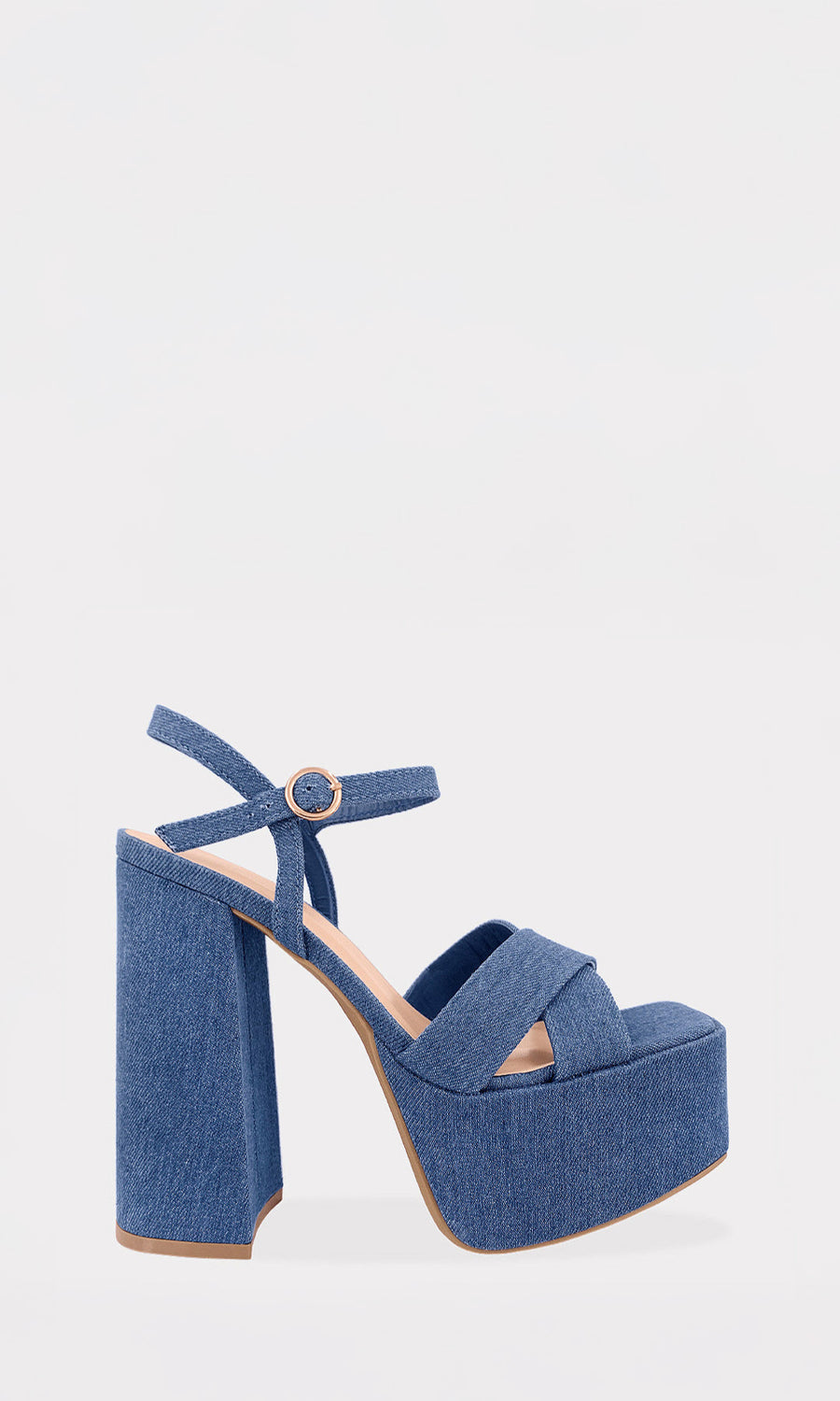 RETORIC PLATAFORMAS DE MEZCLILLA AZUL CON TACON ANCHO PARA COMBINAR CON VESTIDO CAMISERO DE LA MISMA TEXTURA 