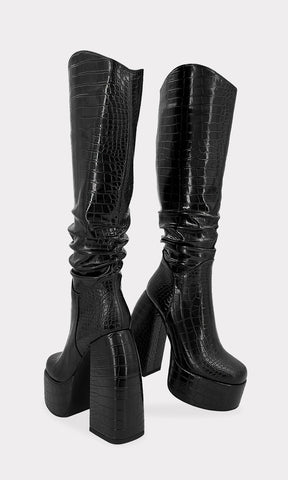 REX KNEE HIGH BOOTS EN TENDENCIA HECHAS DE CUERO SINTETICO NEGRO CON ESTAMPADO CROC Y PLATAFORMA CUADRADA DE 5 CM PARA CHICA