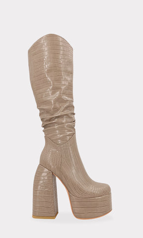 REX KNEE HIGH BOOTS EN TENDENCIA DE PLATAFORMA CUADRADA CON TACON ANCHO Y DETALLES CORRUGADOS PARA MUJER FASHION