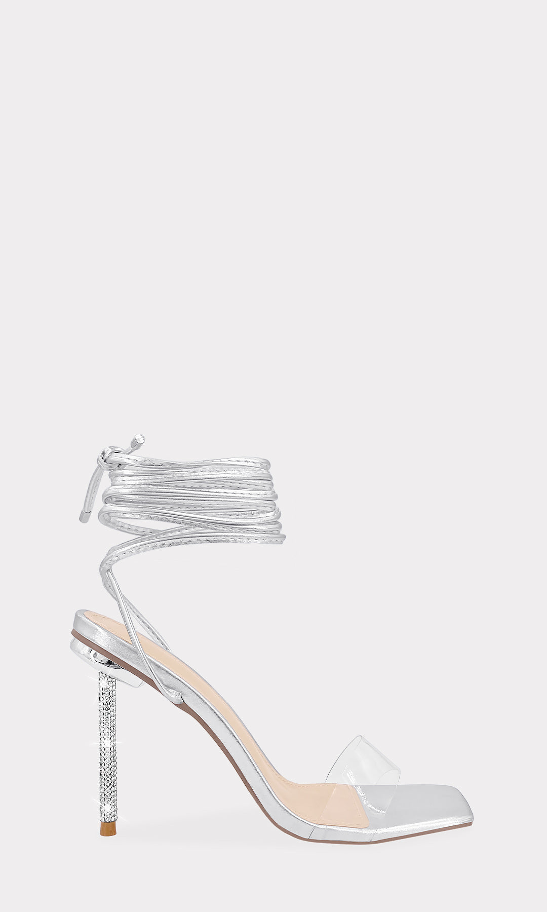 RITHA HEELS DE VINIPIEL METALICO COLOR PLATA CON LACE UP Y STRAP DE MICA TRANSPARENTE EN PUNTA