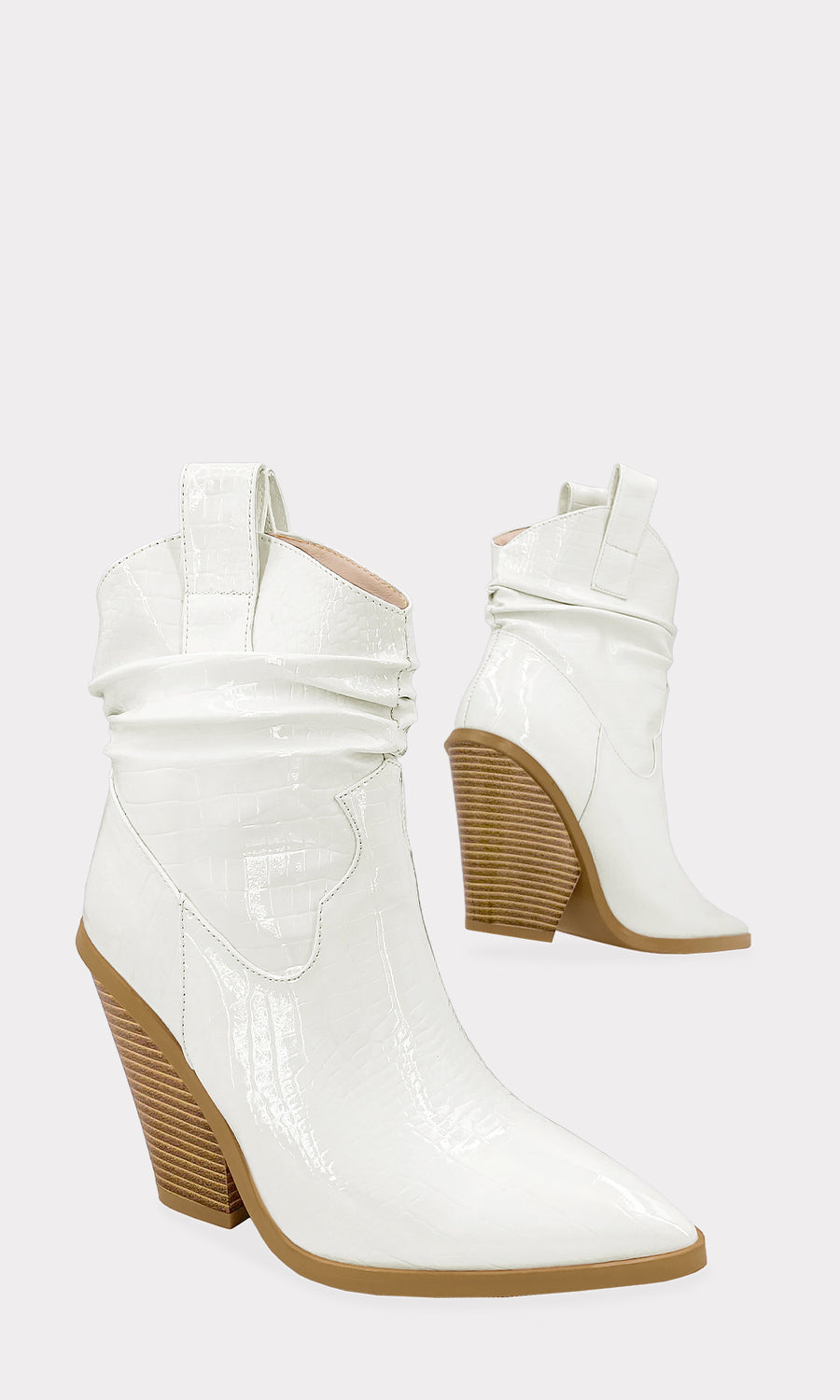 RODEO BOTINES VAQUEROS DE CHAROL CROC COLOR BLANCO PARA COMBINAR VESTIDOS DE ESCOTE EN PIERNA Y LUCIR EN FIESTAS DE DIA