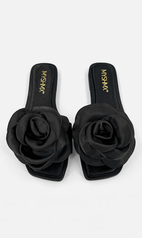 ROMANCE SANDALIAS ABIERTAS DE PUNTA CUADRADA CON DETALLE DE FLOR 3D EN STRAP ARRIBA DE LOS DEDOS CON DISEÑO SLIP ON 