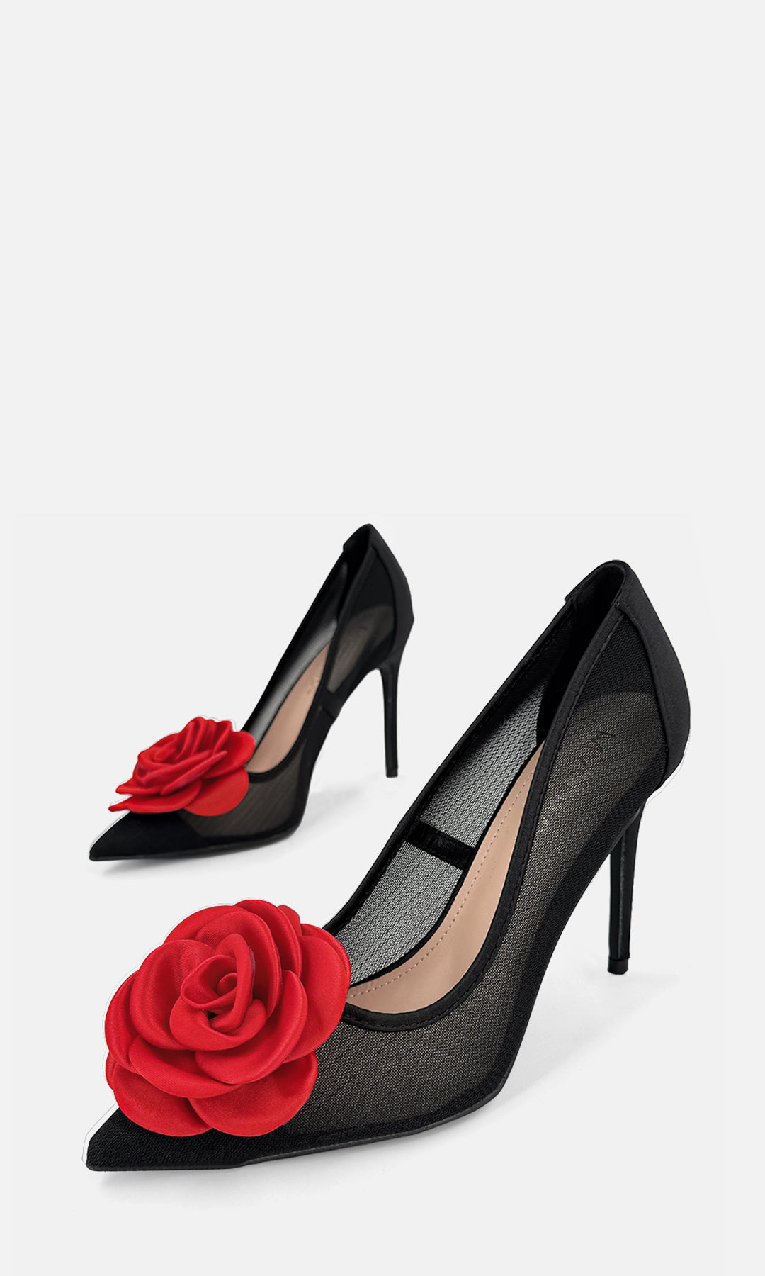 ROSABELLE ZAPATILLAS NEGRAS DE MESH CON SATIN Y DETALLE DE FLOR ROJA 3D EN TERMINACION POINTY CON TACON ALTO DE AGUJA 10.5 CM 
