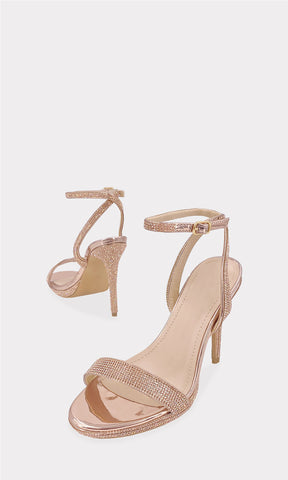 ROXETTE ZAPATILLA ORO ROSADO HECHO EN CHAROL METALICA CON BRILLOS DE PUNTA ALMENDRADA Y PULSERA TOBILLERA AJUSTABLE PARA MUJER FASHION