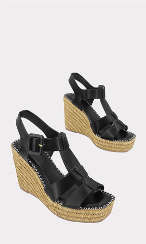 RUBY ZAPATILLAS NEGRAS CON TACON ALTO DE 10.5 CM HECHO EN YUTE CON HEBILLA CUADRADA AJUSTABLE HECHAS EN VINIPIEL PARA LLEVAR A LA PLAYA EN TENDENCIA 