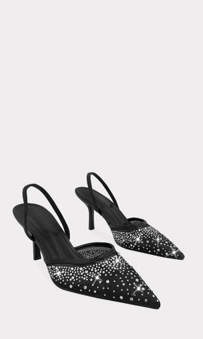 SHADOW ZAPATILLAS NEGRAS CON BRILLOS PLATEADAS AL FRENTE DE TERMNaCION POINTY CON PULSERA TALONERA AJUSTABLE HECHAS EN VINIPIEL PARA MUJER 