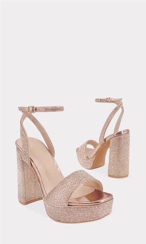 SOANE ZAPATILLAS ORO ROSADO CON PLATAFORMA DE 3 CM CONFECCIONADAS EN BRILLOS Y HEBILLA METALICA EN ANKLET STRAP AJUSTABLE DESTALONADAS DE MUJER 