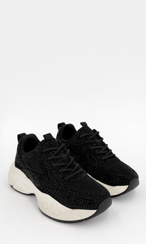 SOHO FASHION SNEAKERS NEGROS CUBIERTOS DE BRILLOS DEL MISMO TONO CON PLATAFORMA CHUNKY DE 3 CM Y AGUJETAS AJUSTABLES AL FRENTE PARA MUJER