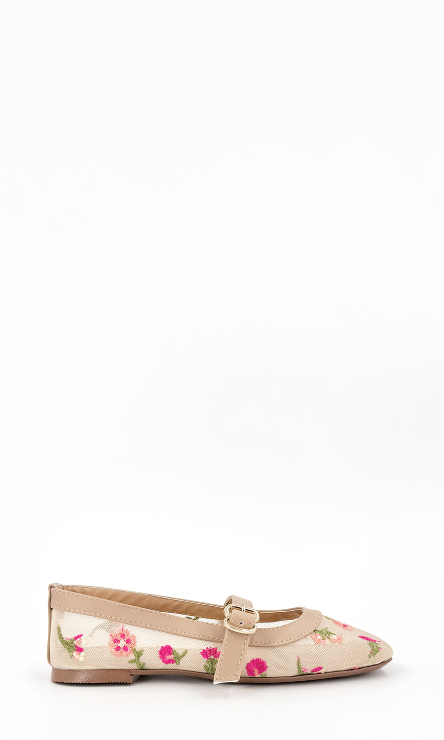 SUGAR CHICA COMBINA PANTALON COLOR CAQUI CON TOP Y FLATS NUDE MESH CON DETALLES DE FLORES A JUEGO CON BOLSO BOHEMIO