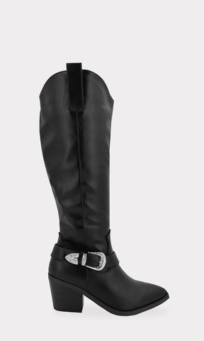 SUSAN BOTA COWBOY ABAJO DE LA RODILLA CON HEBILLA GRABADA Y TERMINACION POINTY CON TACON CUBANO PARA MUJER