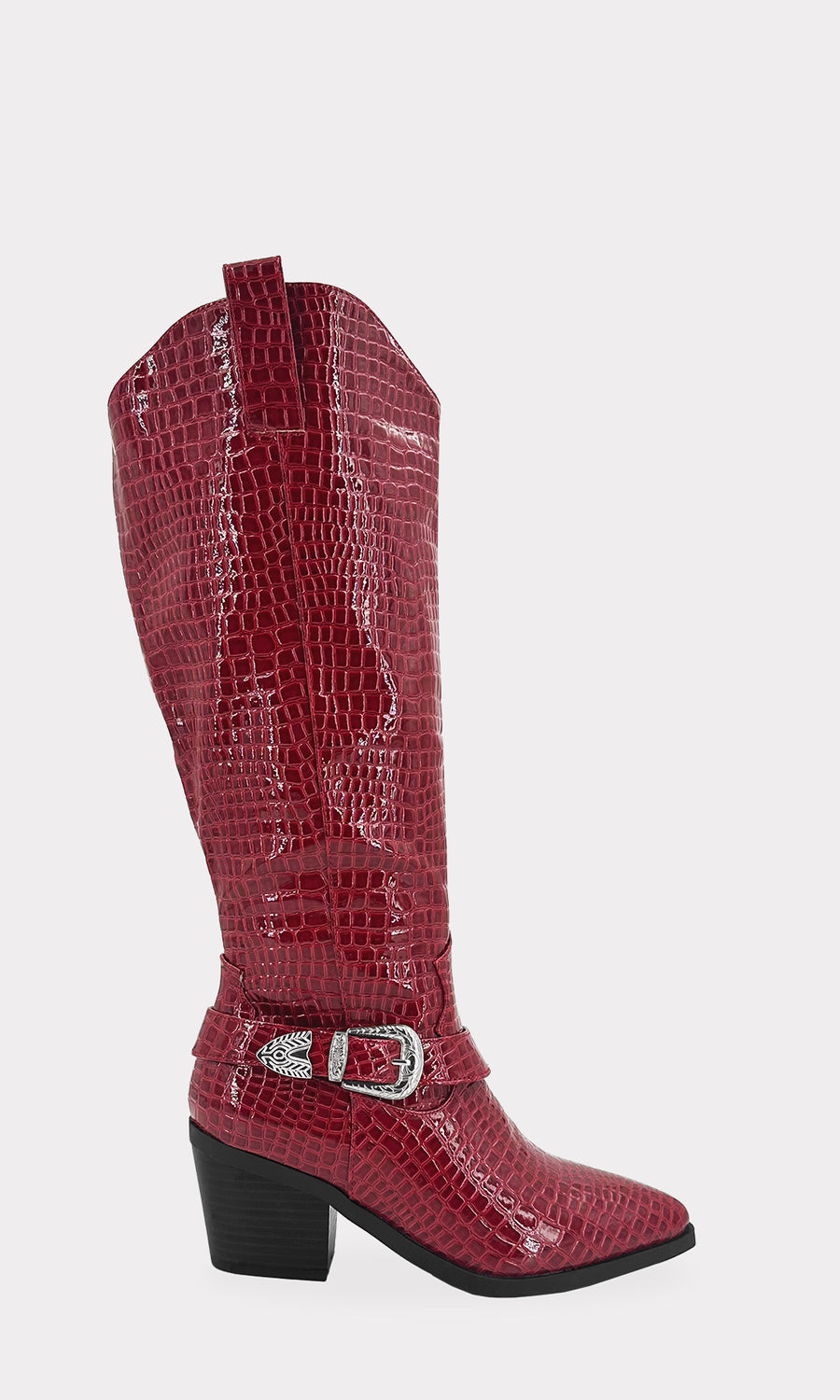 SUSAN BOTAS ROJAS VAQUERAS DEBAJO DE LA RODILLA PARA COMBINAR CON VESTIDO CORTO DE ESTAMPADO ANIMAL PRINT Y CARTERA NEGRA