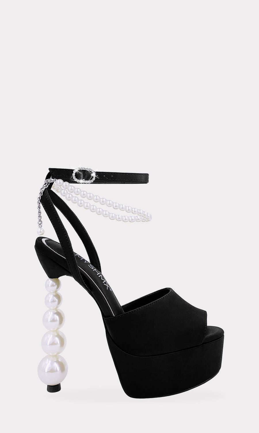 SYMPHONY ZAPATILLAS DE SATIN NEGRO CON PERLAS Y PUNTA PEEP TOE PARA USAR CON FALDAS CORTAS EN REUNIONES CON AMIGAS