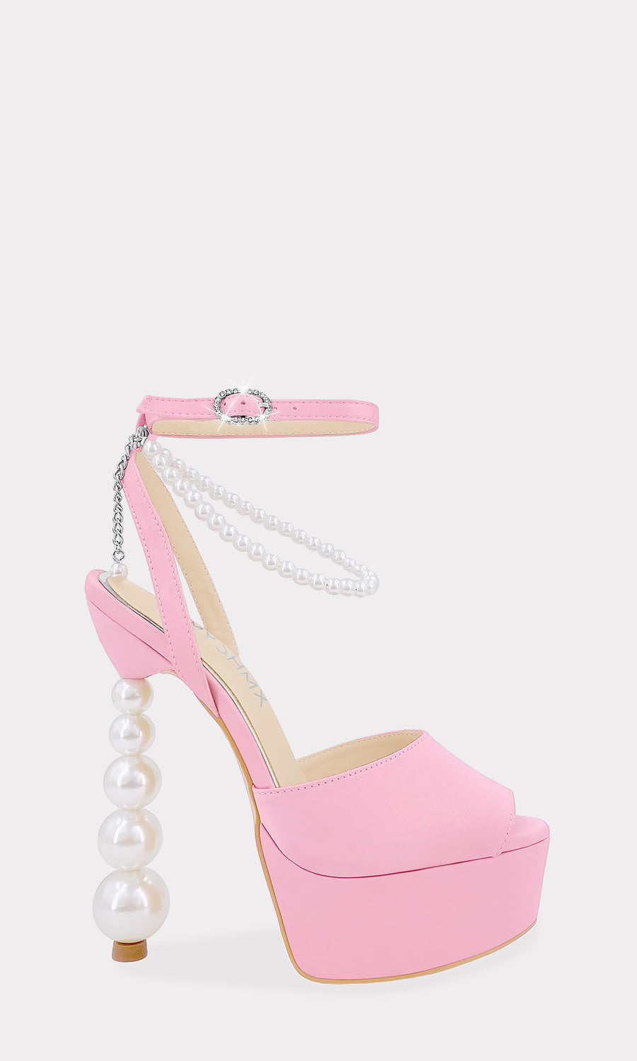 SYMPHONY PLATAFORMAS DE SATIN ROSA CON PUNTA PEEP TOE Y TACON DE PERLAS PARA COMBINAR CON MINI FALDAS AL TONO