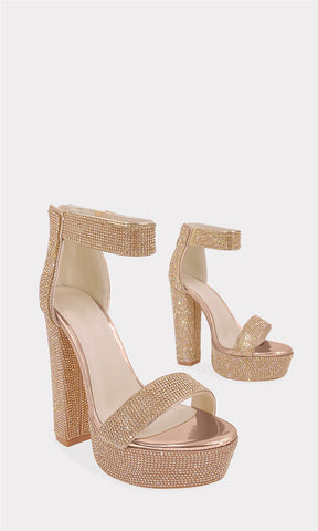 TADIA ZAPATILLAS COLOR ORO ROSADO PARA USAR CON VESTIDOS LARGOS DE FIESTA CON TACON CUADRADO DE 13 CM Y STRAP DELGADO ARRIBA DE LOS DEDOS
