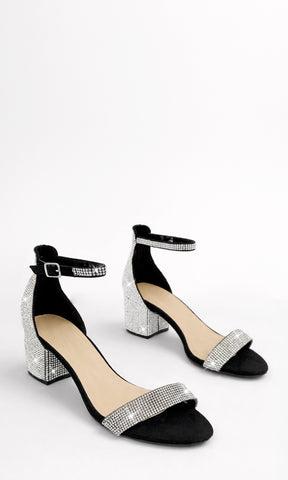 TAMARA ZAPATILLAS NEGRAS DE BRILLOS EN TACON BAJO DE 5.5 CM CONFECCIONADAS EN GAMUZA Y HEBILLA METALICA EN PULSERA TOBILLERA PARA DAMA