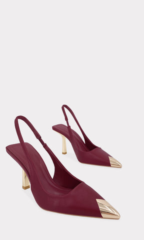 TOKYO TACONES ROJOS DESTALONADOS DE CUERO SINTETICO CON DETALLE DE PUNTA DORADA EN PICO Y STRAP DELGADO EN TALON PARA USAR EN OFICINA