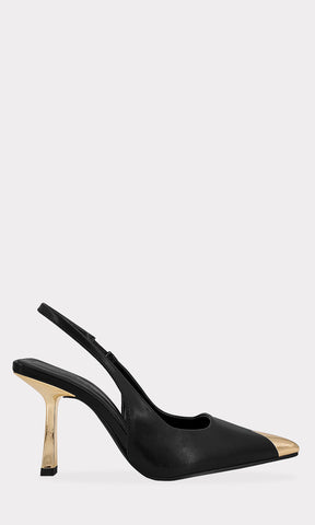 TOKYO ZAPATILLAS NEGRAS SLINGBACK CON DETALLE CROMADO EN TERMINACION POINTY Y ACABADO DE CUERO SINTETICO CON TACON DELGADO DE 8.5 CM PARA DAMA