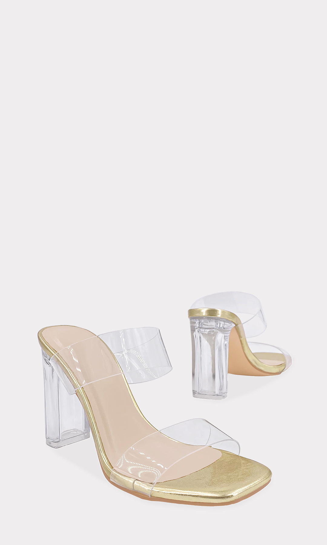 TULIP ZAPATILLAS DORADAS CON STRAP DE MICA TRANSPARENTE SOBRE EL EMPEINE CONFECCIONADAS EN VINIPIEL METALICA Y TERMINACION CUADRADA PARA MUJER 