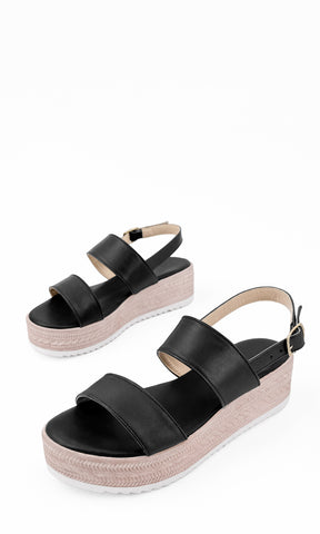 TULUM SANDALIAS NEGRAS DE PUNTA ABIERTA CON STRAPS DE CUERO SINTETICO Y PLATAFORMA WEDGE DE 3.5 CM CON ACABADO DE YUTE PARA USAR EN VERANO