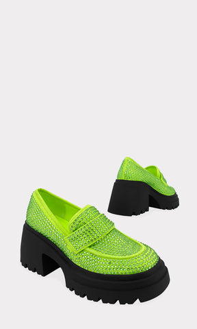 TUXEDO MOCASINES PARA MUJER COLOR VERDE NEON CUBIERTOS DE BRILLOS GRANDES AL TONO CON SUELA TIPO TRACK Y TACON GRUESO DE 8 CM PARA DAMA