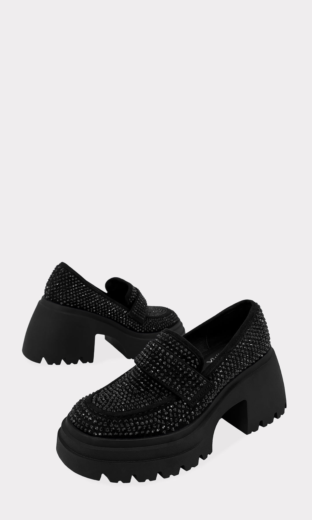 TUXEDO MOCASINES NEGROS EN TENDENCIA CON PLATAFORMA DE PUNTERA REDONDA CUBIERTOS DE BRILLOS AL TONO Y TACON GRUESO PARA MUJER FASHION