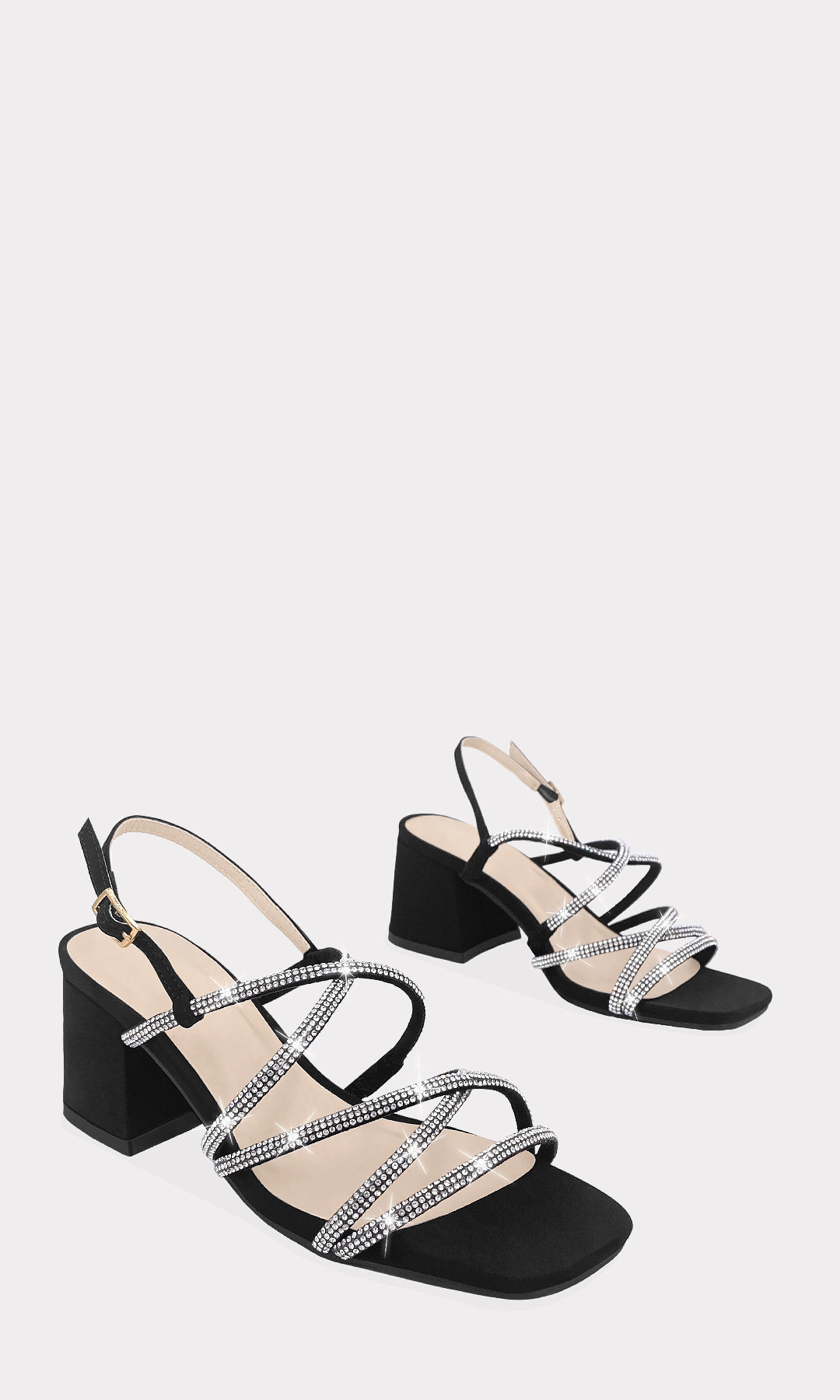 VALENTINA ZAPATILLAS NEGRAS CON BRILLOS EN TRES STRAPS CRUZADOS AL FRENTE CONFECCIONADOS EN NUBOCK CON TACON CUADRADO Y TERMINACION SEMI CUADRADA