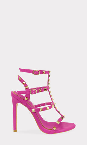 VANNIA HEELS DE CUERO SINTETICO COLOR ROSA CON PUNTA REDONDA Y DOS HEBILLAS DORADAS EN ANKLE STRAP