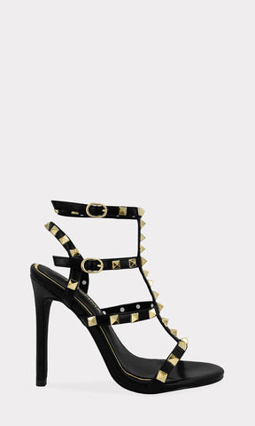 VANNIA ZAPATILLAS DE PIEL SINTETICA COLOR NEGRO CON TACON DELGADO DE 11 CM Y TALON DESCUBIERTO